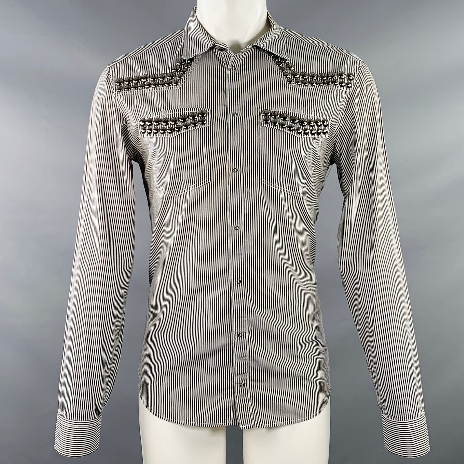 Pierre Balmain Size M Silver Black White Stripe Studded Cotton Long Sleeve Shirt